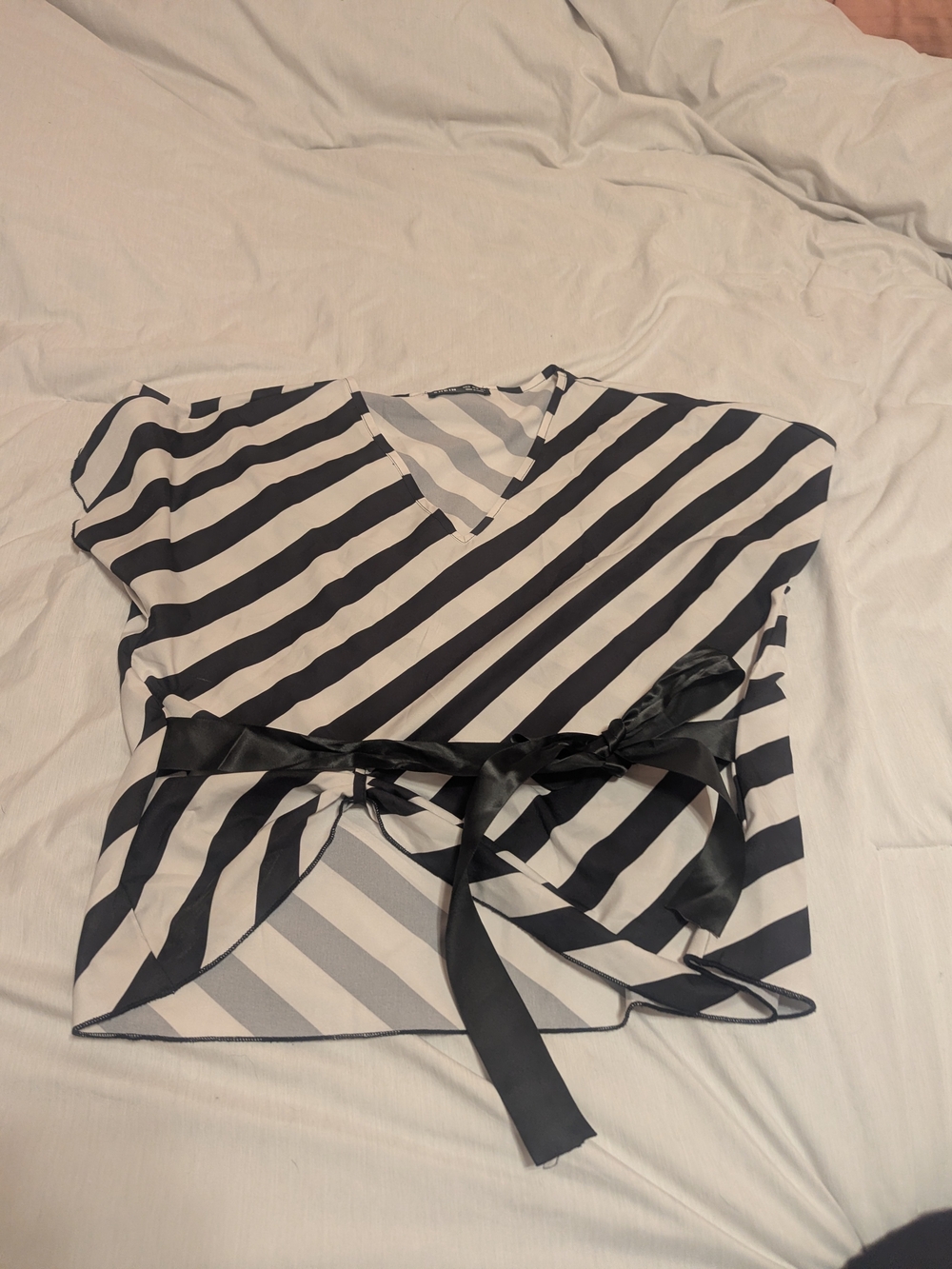 SHEIN Black & White Striped V-Neck Tie-Waist Blouse